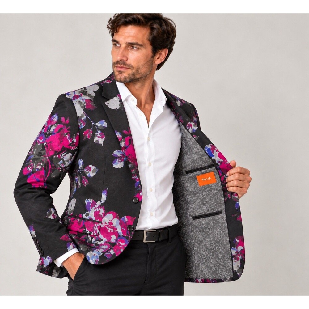TALLIA Blazer 44S Black Pink Floral Paisley Lined 2 Button Sport Coat